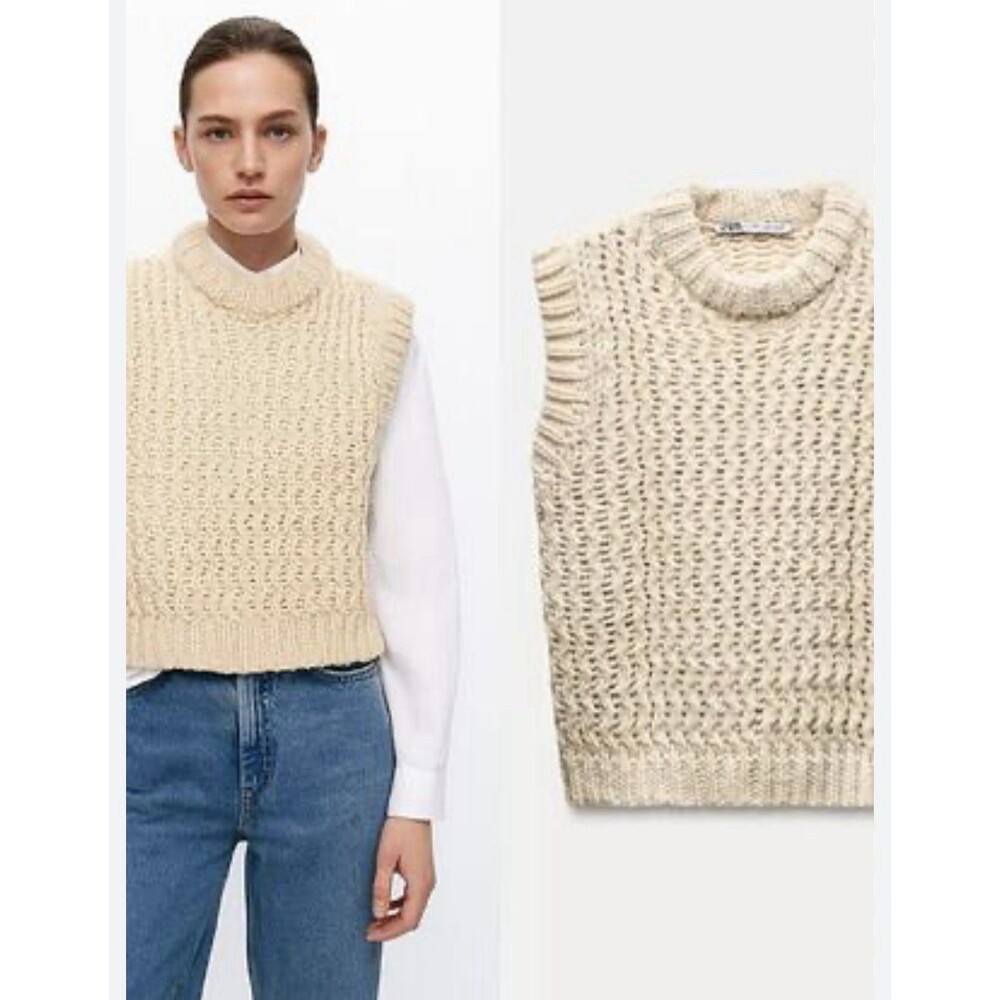Zara Women’s Cable Knit Sweater Vest Wool Alpaca Blend Ivory Size Medium
